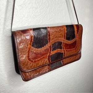 Vintage brown leather CARLOS FALCHI MIXED SKINS Handbag‎ shoulder clutch 90s 80s